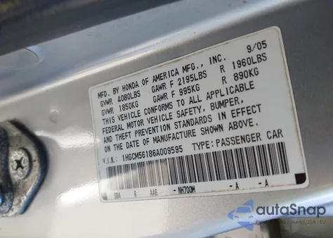 2006 Honda Accord 2.4 Vp from USA, damaged, VIN 1HGCM56186A009595